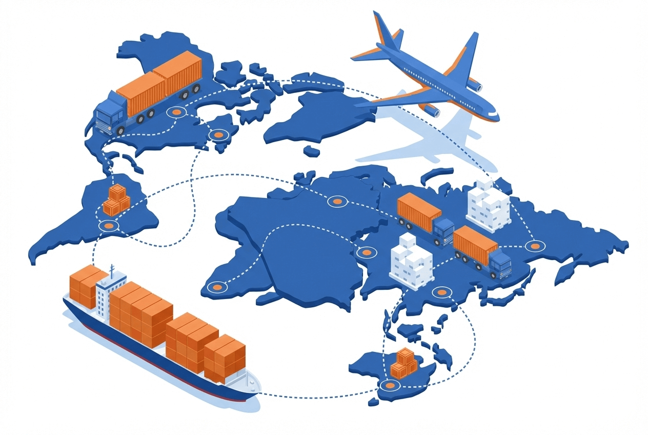 خريطة شحن عالمية توضح الشحن الجوي والبحري والبري